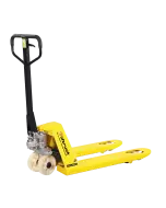 Yellow Liftruck branded manual pallet truck with black handle and white nylon wheels, designed for lifting and transporting loads up to 2500kg