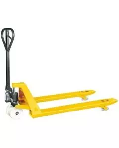 Yellow Lift Truck Pallet Truck with a black handle, designed for easy pallet handling with sturdy wheels and durable forks for heavy-duty use in warehouses and industrial environments.